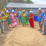 VIPs joined landowners in breaking ground for a construction project that will build the first international standard track and field facility for the RMI, while also protecting residential areas now prone to ocean inundation. Photo: Hilary Hosia.