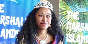 Miss Marshall Islands Billma Peter spoke Wednesday at the Marshall Islands Resort during an event with local media. She was crowned Miss Marshall Islands July 13 at a gala event at the International Conference Center. Photo: Hilary Hosia.