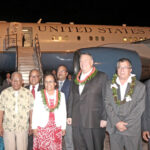 Cabinet members turned out in force to greet US Secretary of State Mike Pompeo on arrival in Majuro Monday night on a stop off after leaving Pohnpei, where he met with President Hilda Heine, FSM President David Panuelo and Palau Vice President Raynold Oilouch. From left: Ministers Tony Muller, David Paul and Amenta Matthew, Council of Irooj Chairman Iroojlaplap Kotak Loeak, Minister Jack Ading, President Heine, First Gentleman Tommy Kijiner, Jr., Secretary Pompeo, and Ministers John Silk, Brenson Wase and Thomas Heine.