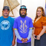 Kwajalein Mayor Hirata Kabua (left) and USAG-KA Commander Col. Jeremy Bartel (right) joined Godfrey Capelle, Thomas Benjamin and Connielynn Paul after they completed a 14-day Covid-19 quarantine at the Army base recently. They are pictured at RMI Office on Kwajalein. Photo: Hilary Hosia.