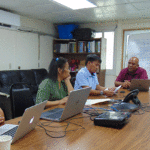A Zoom conference in session between Kwajalein Emergency Operations Center, which is located at the Leroij Kitlang Kabua Memorial Health Center, and National Emergency Operations Center in Majuro last week. Pictured from left: Glorine Jeadrik, Tearman Jerwan, Aristan Santiago, Scott Paul and Harden Lelet. Photo: Hilary Hosia.