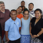 Daniel Kelin, II, (third from left) with a group of young people from the organizations Youth to Youth in Health and Jo Jikum — including Kathy Jetnil-Kijiner (right), Milañ Loeak (fifth from right) and Selina Leem (fifth from left) — during a drama workshop in Majuro in 2016. Kelin has written a play about Marshall Islanders in Hawaii that will premiere in 2021. Photo: Isaac Marty.