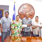 At the business Covid-19 relief handover on July 24 were, from left: the Disaster Management Committee Economic Impact Assessment Committee Chairman Reginald White and Chief Secretary Kino Kabua, Minister Bruce Bilimon, DAR’s Miriam Domnick, President David Kabua, Happy Hands’ representative Iva Reimers, and Ministers Chris Loeak and Sandy Alfred.