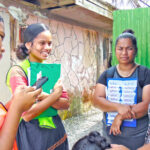 Covid-19 rapid assessment survey team, from left: Yolina Laimo, Lilly Capelle and Supervisor Ann Chong Gum interviewing Sallyann Kilma at Lole Weto, Ebeye. Photo: Hilary Hosia