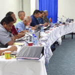 Nitijela A‪ppropriations Committee members, from left: Ministers Sandy Alfred, Bruce Bilimon and Alfred Alfred, Jr., MPs Jack Ading and Chairman David Paul, Minister Casten Nemra, and MPs Hiroshi Yamamura and Brenson Wase. Photo: Eve Burns.‬