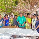 WUTMI Director Daisy Alik-Momotaro, third from left, and Iroojlaplap Mike Kabua are joined by WUTMI representatives at the Ebeye launch of Weto in Mour.
