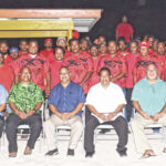Majuro elected leaders and Pastor Jeledrik Binejal joined with the Taxi Drivers Association for the inauguration of its officers recently. Seated, front from left: Rita Councilman Arlington Tibon, Nitijela Member Stephen Philip, Rita Councilman Ronnie Lakabung, Minister Sandy Alfred, Pastor Jeledrik Binejal, and Nitijela Members Tony Muller and Kalani Kaneko, Tony Muller, and Stephen Philip, and Rita Councilmen Ronnie Lakabung and Arlington Tibon. Photo: Wilmer Joel.