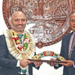 Australia’s first resident Ambassador, Brek Batley, exchanged gifts with President David Kabua following a diplomatic credentials ceremony. Photo: Wilmer Joel.