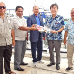 At the boat handover ceremony, from left: Ministers Jiba Kabua and Bruce Billion, President David Kabua, Japan Ambassador Norio Saito, and Minister Sandy Alfred. Photo: Eve Burns.