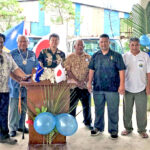 Japan Ambassador Norio Saito, fourth from left, joined RMI government and traditional leaders to hand over a $1 million donation of trucks, boats and fishing-related gear last Thursday at the MIMRA headquarters. Photo: Eve Burns.