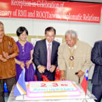 Cutting the 23rd anniversary cake were, from left: Rev. Palukne Johnny, President David Kabua, Jasmine Du and Ambassador Jeffrey Hsiao, Iroojlaplap and Nitijela Member Michael Kabua, Speaker Kenneth Kedi, and Minister Kessai Note. Photo: Wilmer Joel.