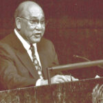 Kabua Amata speaking at the United Nations General Assembly on September 24, 1991 one week after the Marshall Islands achieved UN membership.