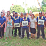 At the closing ceremony recognizing the four boat builder graduates, from left: Phil Philippo, Kanchi Hosia, Berlin Philippo, Raffael Held, Janina-Marie Laurent, Suewellyn Johannes, Roger Kanel, Sandy Langbata, Alson Kelen, Fredrick Jobba Botta, Jerry Kramer, Hilda Heine, Elmi Samuel, Carlos Domnick, David Paul, Fred Bukida, Laitia Tamata and Sana Tarbwijen. Photo: Wilmer Joel.