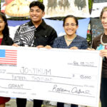 US Ambassador Roxanne Cabral announced the $15,000 grant to Jo-Jikum at last Thursday’s art exhibition at her residence. Jo-Jikum staff with the ambassador, from left: Einwot Juon Coordinator Jollia Peter, intern Dayne Jacklick and Director Kathy Jetnil-Kijiner