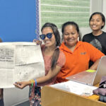 King tides and how to stay safe when they arrive was the theme of this group’s English lesson, which was inspired by the article “High tides flood Majuro.” From left, CMI students Erick Naisher, Nantie Aisaia, Evelyn Dulei, Jody Thaddeus, and Rosemina Mabe Aititi. Photo: Dr. Rebecca Raab.