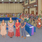 he Speakers, foreground, at Wednesday’s Ainikien Kora Forum opening, are surrounded by the large number of participants and audience participating in the session at the ICC in Majuro. Front, from left: Rev. Jeledrik Binejal, Lerooj Kitene Alberttar, Minister Kitlang Kabua, Assistant Secretary Rebecca Lorennij, and US Embassy Deputy Chief of Mission Jeremiah Knight. Photo: Chewy Lin.