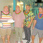 Happy occasion: At the Beach Lodge opening in Majuro Saturday night, from left: Vice Speaker Peterson Jibas, MIDB Managing Director Dwight Heine, owners Harry Doulatram and Ace Doulatram, Nitijela Member David Paul, contractor Scott Howe and daughter Chloe. Photo: Wilmer Joel.
