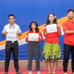 The top two debate teams in the Education Week finals: From left, runner-up Marshall Islands High School’s c, Sharyllma Aruhane (who won Best Debater for the second year in a row), and Wilmer Joel; champion debate team Majuro Cooperative High School’s Amaziah Lamata, Lijakwe Milne and Kyle Jamore, with debate judge and National Nuclear Commission Chairman Alson Kelen