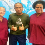 Three Ministry of Health and Human Services nurses from Ebeye who are remaining on Kwajalein to work with the 10 Marshallese still in quarantine, from left: Oling deBrum, Michael Diaz and Taina Kubulala at Kwaj Lodge Wednesday. Photo: Hilary Hosia.