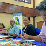 Signing the “conditional cash transfer” agreement Wednesday at the ICC were, from left: Finance Secretary Patrick Langrine, Bank of Marshall Islands CEO Velma Edwards, Finance Minister Brenson Wase, and Acting CIA Secretary Rebecca Lorennij. At back is program emcee Kathryn Relang. This agreement official launches a key aspect of the World Bank-supported Early Childhood Development program. Photo: Hilary Hosia.‬