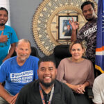 After passing the dive course, EPA staff got together for a photo with their instructors: Back, from left: UH Sea Grant instructor Max Sudnovsky and EPA’s Louie Salinas and David Aiseia. Seated from left: Dive instructor Karl Fellenius and EPA General Manager Moriana Phillip. Front kneeling: EPA’s Jimson Lajkan and Melvin Kilma.