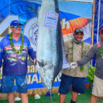 The winning 180-pound marlin caught by MEC Brits Too, from left: Miss Billfish Carrie-Lynn Totha Alfred, Ian Pickering, Captain Matan Mook and Kester Albert. Photo: Shamanda Hanerg.
