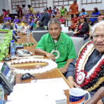 Iroojlaplap and Nitijela Member Mike Kabua, right, is pictured at the January 3, 2022 opening session of Nitijela with now-Finance Minister Brenson Wase, left, and Nitijela Member Tony Aiseia. Photo: Wilmer Joel.