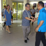 US Compact chief negotiator Ambassador Joseph Yun was greeted on arrival at Nitijela November 3 by Speaker Kenneth Kedi, his wife Theresa and a team of Nitijela staff singing welcome songs. The welcome of Yun, who is followed here by US Ambassador Roxanne Cabral, was a demonstration of the cordiality of the interactions between the US and RMI during Yun’s visit. Photo: Hilary Hosia.