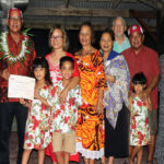 Nitijela Member and Xavier alumnus Dennis Momotaro, third from left, was honored with the Xavier High School Navigator Award by Xavier Director Fr. Todd Kenny, SJ, left. He was joined by his wife, Daisy, and numerous family members at last weekend’s event in Majuro. Photo: Hilary Hosia.