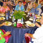 Japan State Minister for Foreign Affairs Takei Shunsuke top center (in blue shirt) was welcomed at a dinner at the Marshall Islands Resort Tuesday night by Marshall Islands President David Kabua, fourth from right, and Foreign Minister Kitlang Kabua, third from left. Photo: Hilary Hosia.