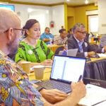 The Forum Fisheries Committee held its annual meeting in Majuro this week. From left: Australia representative James van Meurs, Forum Fisheries Agency Director General Dr. Manu Tupou-Roosen, MIMRA Director Glen Joseph and Kiribati fisheries representative Kaon Tiamere at the opening session of the FFC meeting at the Marshall Islands Resort. Photo: Hilary Hosia.