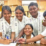 MIHS new SBG officers signed their oath of office last week. From left, Secretary Leilani Bejiko, Treasurer Henjila Delacruz, VP Britney Jibas, Athletics Girls Ritok Zacharias, Athletics Boys Renny Joseph, and President Carles Jetnil. Photo: Goodwind Silk.