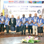 Solomon Islands Prime Minister Manesseh Sogavare, sixth from right, is flanked by PNA and regional representatives at the opening ceremony of PNA’s 18th annual meeting. Marshall Islands Minister of Natural Resources and Commerce John Silk is third from left.