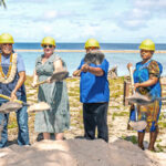 At the groundbreaking ceremony for the new facility on Mejit Monday this week, from left: Mejit Mayor Almo Momotaro, Nitijela Member Dennis Momotaro, IOM Head Angela Saunders, Alap David Hanchor, Lisa Lucky on behalf of Irooj, and Rev. Gordon Kalles. Photo: Chewy Lin.