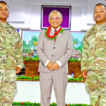 Sergeant Major Lymman Beta Langijota, President David Kabua and Chief Warrant Officer 2 Richard Anjain in the Nitijela chamber following the opening of Nitijela Monday this week. Photo: Hilary Hosia.