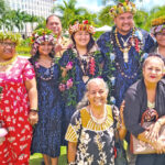 Marshall Islands ELDP participants, left to right in blue uniforms: Claret Chong Gum, Jasmine Myazoe, Ben Wakefield, and Yetta Aliven with relatives and friends in Saipan at the graduation program. Photo: Jason Aubuchon.