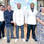 Dr. David Alfred, third from left, was recognized for completing the four-year residency in surgery at Shuang-Ho Hospital in Taipei. Now entering the residency program in Taipei are Dr. Jerel Anitok and Dr. Cody Jack, fourth and third from right, respectively. They were joined by Majuro hospital staff and Ambassador to Taiwan Anjanette Kattil, second from right, and Embassy First Secretary Dorianne Tarjikit Kabua.