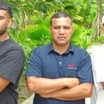Marshall Islands wrestlers, from left, Ricktak RJ Iban Jr, Waylon Muller and Meinshu Peter Jiang at the RRE garden. They were scheduled to depart to Australia August 3. Photo: Hilary Hosia.