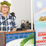 Dr. Irene Taafaki speaking at the Pacific Media Institute Democracy and Media workshop opening at the CMI campus in June, 2023. Photo: Chewy Lin