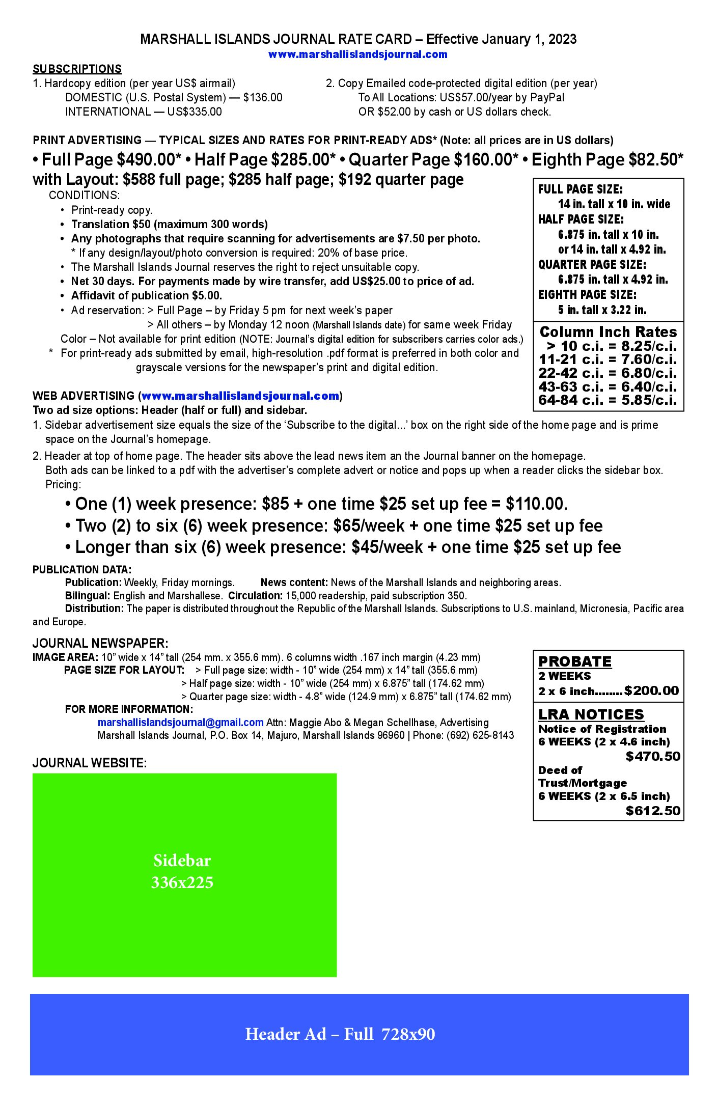 Journal ad rates, print n web