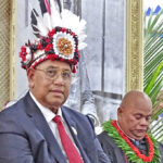 Iroojlaplap Christopher Jorebon Loeak during the coronation event at Uliga Protestant Church on November 11. Sitting to his left is Rev. Herbert Langijota. Photo: Hilary Hosia.