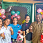Majuro Middle School celebrated the opening of its new cafeteria, the first Majuro public school to get started with PSS’s new program of re-establishing cafeterias at public schools. From left, students Ester Amram, Maria Jotai with teachers Alcina Thomas, Mathlynn Matthew and Principal Alvin Saimon. Photo: Hilary Hosia.