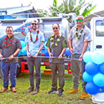 VIPs at the MWSC blessing ceremony, from left: Fr. Ariel Galito, US Embassy Acting Deputy Chief of Mission Allen Hodges,Public Works Minister Hiroshi Yamamura and MWSC Manager Damian Capelle. Photo: Wilmer Joel.