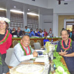 Following the January 22 inauguration ceremonies, Nitijela Members Dennis Momotaro, Vice Speaker Isaac Zackhras, Member Daisy Alik-Momotaro, Minister Thomas Heine, and Members Hiroshi Yamamura and Wilbur Heine congregated for a friendly chat. Photo: Wilmer Joel.