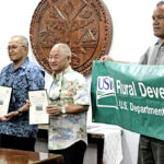 At the Cabinet signing ceremony, from left: US Charge d’Affaires Lance Posey, President David Kabua, Foreign Minister Jack Ading, and Majuro Water and Sewer Company’s Damian Capelle. Photo: Wilmer Joel.