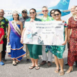 Australian Ambassador Paul Wilson, left, Vice Speaker Isaac Zackhras, second left, and Taiwan Ambassador Steve CC Hsia, center, were among the lineup of VIPs on hand to welcome Miss Marshall Islands Claret Chong Gum last Friday. Photo: Chewy Lin.