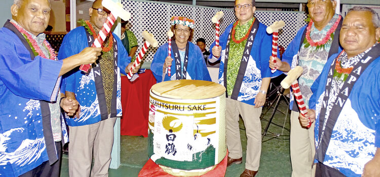 President Hilda Heine joined Japan Ambassador Tanaka Kazunari in the Kagami Biraki ceremony — the ceremonial breaking of the sake barrel in honor of Japan Emperor Naruhito’s 64th birthday at the Marshall Islands Resort last Thursday. Joining in the sake opening was High Court Judge Witten Philippo, Vice Speaker Isaac Zackhras, Chair of the House of Irooj Lanny Kabua and House of Irooj Member Leikman Zedkaia. Photo: Hilary Hosia. RMI marks Emperor’s birthday