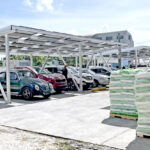 Pallets of rice bags were stacked up at the Bikini Town Hall in Majuro last week as part of the first quarterly compensation payment and food distribution in 14 months. Photo: Jack Niedenthal.