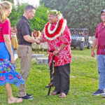 Kwajalein Commander Andrew Morgan and his wife Stacey welcome Iroojlaplap Mike Kabua to the Operation Flintlock ceremony at Kwajalein last week. They are surrounded by, from left, Command Sergeant Major Ernest Miller, MI Resort General Manager Hirobo Obeketang and USAG-KA Host Nation’s Mike Sakaio. Photo: Hilary Hosia.