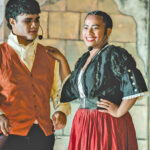 A scene from Oliver! featuring Ratakin Zebedy as Mr. Bumble with Heleina Bill as the Widow Corney. The play opened March 4 and runs through March 9 at the International Conference Center in Majuro. Photo: Chewy Lin.